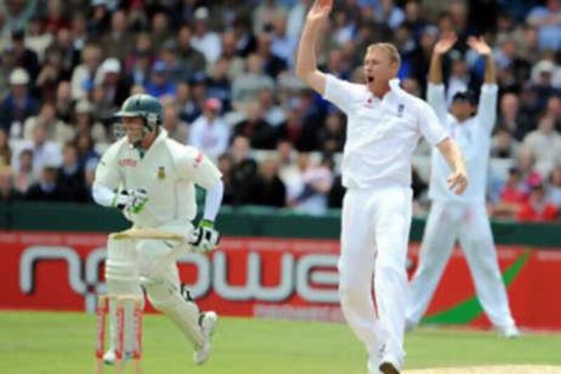 The England bowler Andrew Flintoff appeals to umpires for a wicket in the second Test match against South Africa at Headingley.