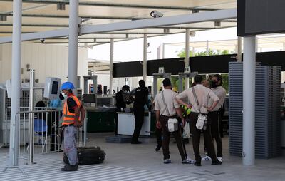 Security gates are installed at the Expo 2020 site in Dubai before the October 1 opening. Pawan Singh / The National 