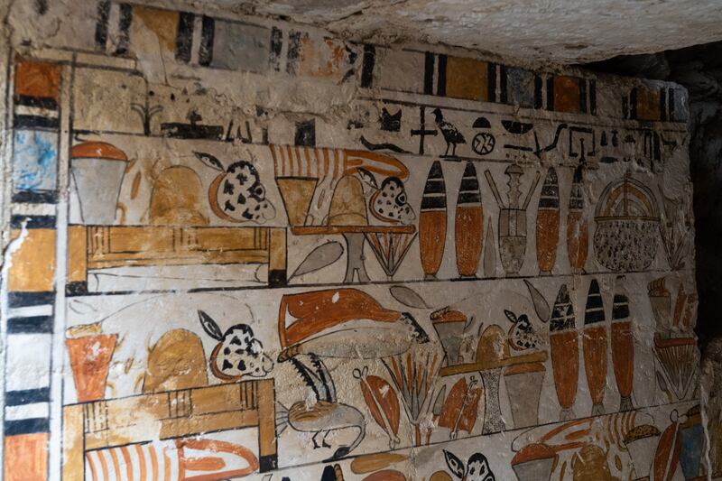Decorations inside one of the five tombs discovered near Cairo. Mahmoud Nasr / The National