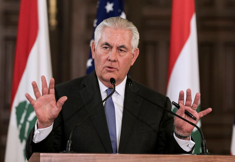 epa06528774 US Secretary of State Rex Tillerson speaks during a joint press conference with Lebanese Prime Minister Saad Hariri (not pictured) at the government palace in Beirut, Lebanon, 15 February 2018. Tillerson arrived in Beirut for a one-day official visit to meet with Lebanese officials.  EPA/NABIL MOUNZER