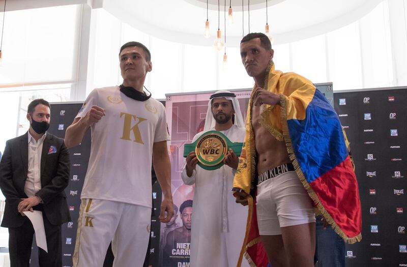 Dubai, United Arab Emirates - Kulahkmet Tursynbay (Kazakstan)  and  Heber Rendon (Venezuela)  at their weigh-in at Leva Hotel, Sheikh Zayed Road.  Leslie Pableo for The National for Amith Pasella's story