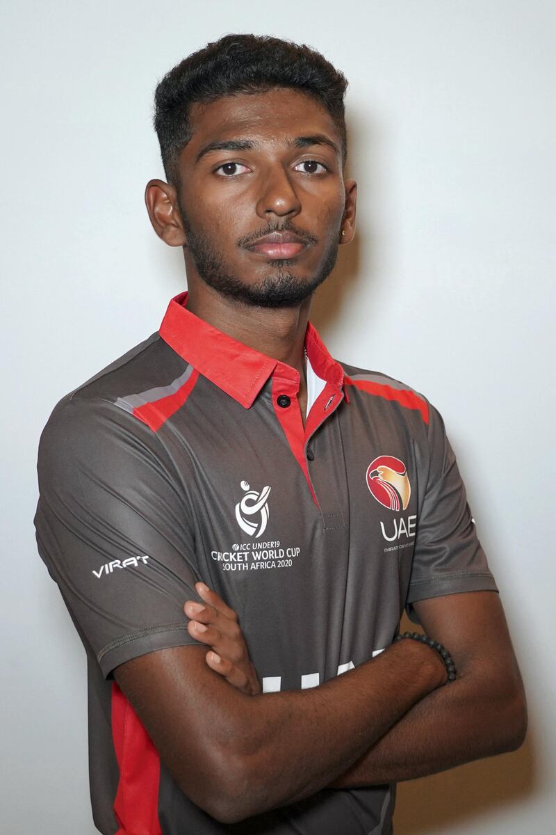 JOHANNESBURG, SOUTH AFRICA - JANUARY 12:  Karthik Meiyappan of United Arab Emirates poses for a portrait prior to the ICC U19 Cricket World Cup 2020 at Crowne Plaza Rosebank on January 12, 2020 in Johannesburg, South Africa. (Photo by ICC/ICC via Getty Images)