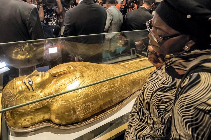A picture taken on October 1, 2019, shows the Golden Coffin of Nedjemankh, on display at the National Museum of Egyptian Civilization in Cairo, following its repatriation from the US. (Photo by Khaled DESOUKI / AFP)
