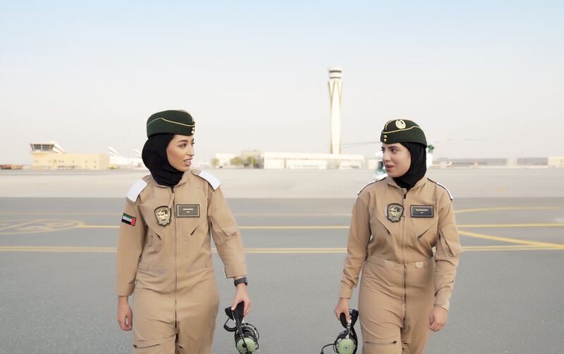 Female Emirati pilots Dana Al Mazmi and Mohra bin Hammad join the air wing at Dubai Police. Photo: Dubai Police