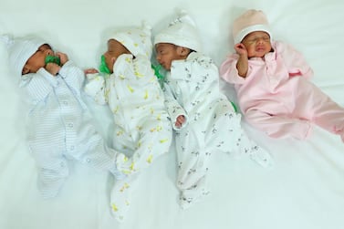 Quadruplets Khalifa, Mohammed, Hamdan and Fatima, were born to Emirati parents at Danat Al Emarat Hospital for Women and Children in Abu Dhabi last month. Courtesy United Eastern Medical Services