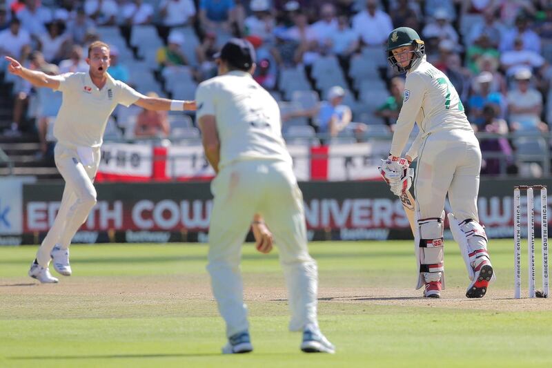 South Africa batsman Rassie van der Dussen watches as England's Jimmy Anderson takes a catch off the bowling of Stuart Broad. AP