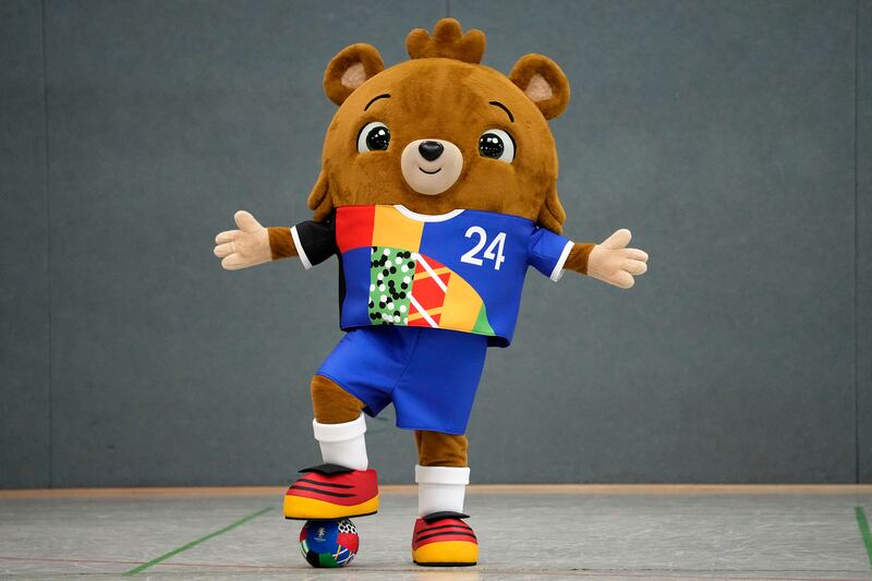 The mascot for the UEFA EURO 2024 soccer championships is presented in Gelsenkirchen, Germany, Tuesday, June 20, 2023.  The mascot bear, that has no name so far, was shown to the public for the first time.  (AP Photo / Martin Meissner)