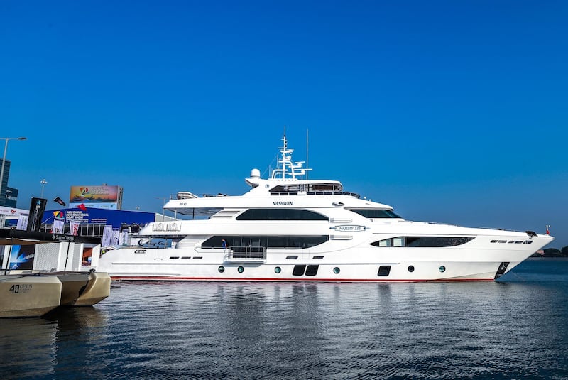 Abu Dhabi, U.A.E., October 17, 2018.  
Abu Dhabi International Boat Show 2018. -- The Majesty 135.  The largest yacht of the show at 140 feet and 11 inches.
Victor Besa / The National
Section:  NA
Reporter:  John Dennehy