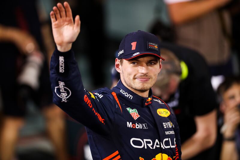 Red Bull's Max Verstappen waves to the fans after sealing pole position for the Bahrain GP, on March 4, 2023. Getty