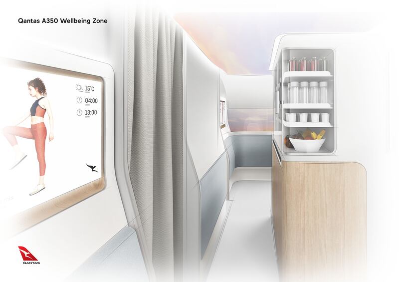 Digital displays will show travellers recommended exercises to combat in-flight muscle fatigue. Photo: Qantas