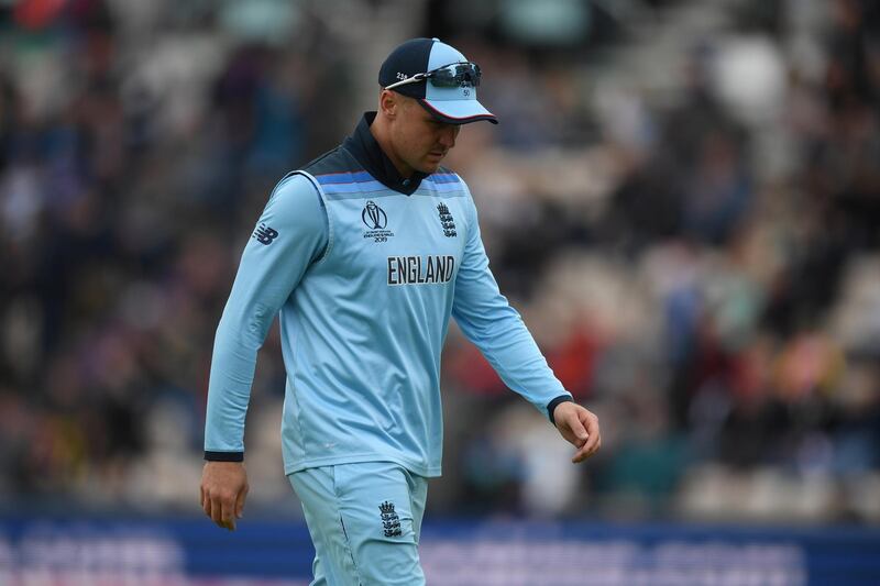 SOUTHAMPTON, ENGLAND - JUNE 14: Jason Roy of England leaves the field during the Group Stage match of the ICC Cricket World Cup 2019 between England and West Indies at The Hampshire Bowl on June 14, 2019 in Southampton, England. (Photo by Mike Hewitt/Getty Images)
