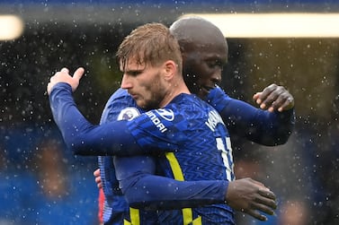 Chelsea's Timo Werner (R) and Romelu Lukaku (L) celebrate their win after the English Premier League soccer match between Chelsea FC and Southampton FC in London, Britain, 02 October 2021.   EPA/Facundo Arrizabalaga EDITORIAL USE ONLY.  No use with unauthorized audio, video, data, fixture lists, club/league logos or 'live' services.  Online in-match use limited to 120 images, no video emulation.  No use in betting, games or single club / league / player publications