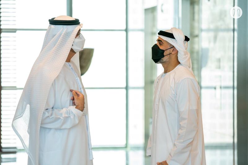 Sheikh Khalid bin Mohamed and Adnoc managing director and group chief executive Dr Sultan Al Jaber, who is also Minister of Industry and Advanced Technology. Image: AD Media Office on Twitter