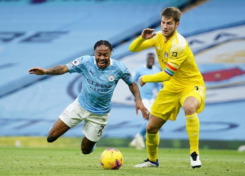 Fulham's Joachim Andersen fouls Raheem Sterling to earn City a penalty. Getty