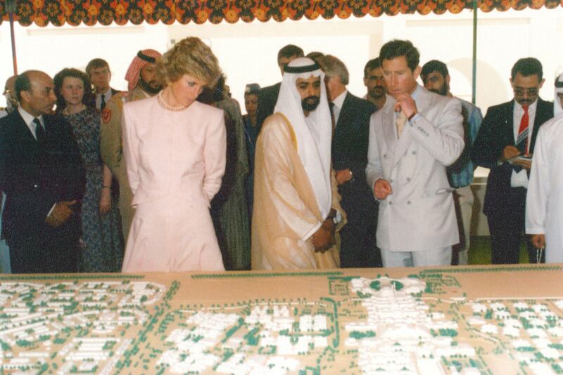 HRH Prince of Wales and Princess of Wales accompany Shekh Nahayan bin Mubarak in a showcase of the new university plans, 1989. (Courtesy Al Ittihad)