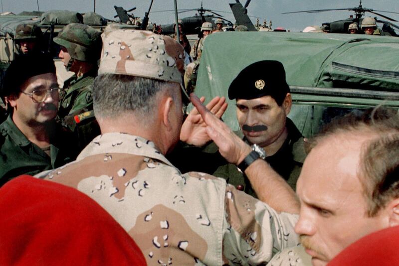 A file photo dated March 3, 1991 of U.S. General Norman Schwarzkopf (L), Allied Gulf War Commander, saluting Lt-General Sultan Hasim Ahmed of Iraq (R) following talks to discuss terms of a ceasefire and surrender, at Safwan Air Base inside occupied Iraq. January 17, 2001 is the 10th anniversary of the commencement of the coalition's Desert Storm air and bombing campaign to free Kuwait from Iraqi occupation.

AC/CRB