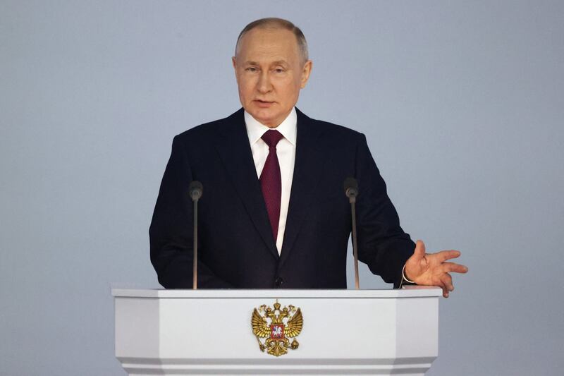 Russian President Vladimir Putin gives his annual address to the Federal Assembly in Moscow. Reuters