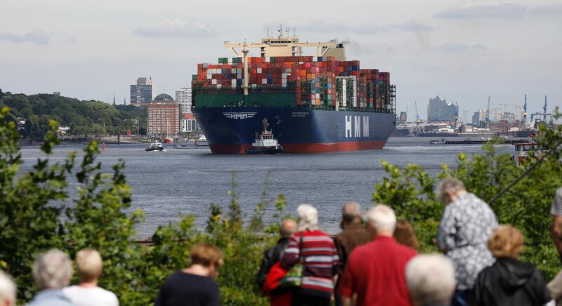 The HMM Algeciras, currently the world's largest container ship, departs from Hamburg Port during the novel coronavirus pandemic on June 10, 2020 in Hamburg, Germany. Getty Images