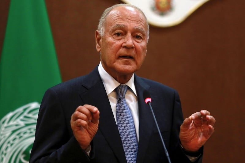 Arab League Secretary-General Ahmed Aboul Gheit speaks during a joint press conference with Jordanian Foreign Minister in Amman on October 20, 2019.  / AFP / Khalil MAZRAAWI
