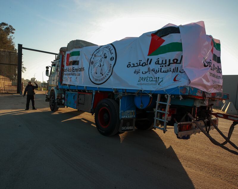 More humanitarian supplies sent under the UAE's Gallant Knight 3 operation crosses from Egypt into Gaza on Wednesday. Victor Besa / The National