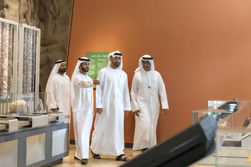 AL AIN, UNITED ARAB EMIRATES - January 17, 2019: HH Sheikh Mohamed bin Zayed Al Nahyan, Crown Prince of Abu Dhabi and Deputy Supreme Commander of the UAE Armed Forces (2nd R), tours the Sheikh Zayed Desert Learning Centre (SZDLC), at the Al Ain Zoo. Seen with Ghanim Al Hajeri, Director General of Al Ain Zoo (R).

( Mohammed Al Blooshi )
---