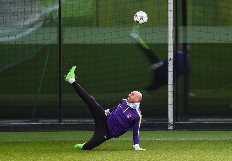 Willy Caballero of Manchester City shown on the ball during Monday's team training session ahead of the Champions League last 16 first leg on Tuesday. Laurence Griffiths / Getty Images