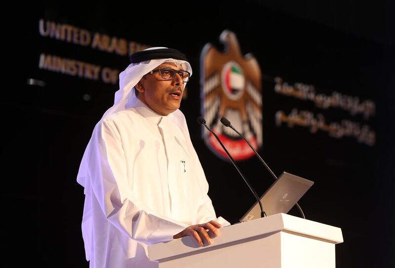 Dr Abdullatif Al Shamsi, managing director at the Institute of Applied Technology, addresses the Conference on Education in Dubai. Pawan Singh / The National