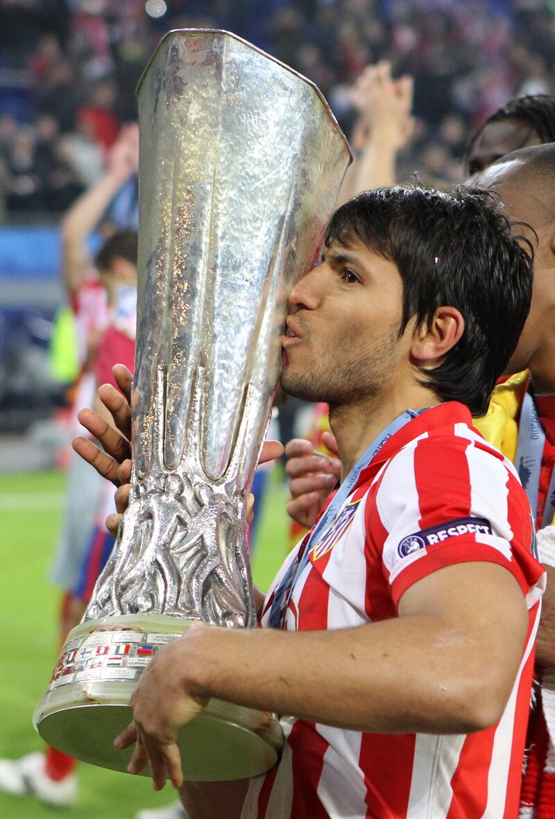 Sergio Aguero celebrates after Atletico Madrid's win over Fulham to win the 2010 Europa League final. EPA