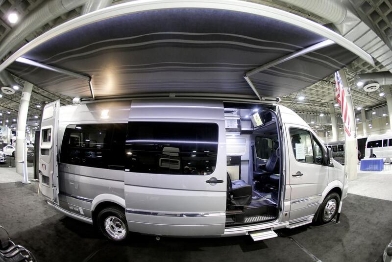 The outside of an Airsteam Interstate motor home on a Mercedes-Benz chassis is displayed at the Los Angeles Auto Show. (AP Photo/Chris Carlson)