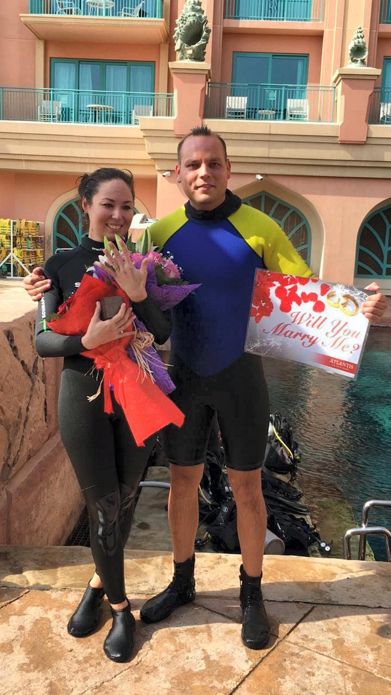 Just a few weeks ago, he summoned up the courage to propose to his partner of three years, Marina Mukaeva, after taking her down into the aquarium for a “diving lesson”. Courtesy Abdulla Yarulin