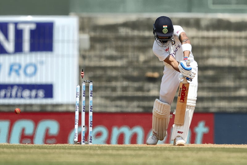 Virat Kohli(Captain) of India bowled by Ben Stokes of England during day five of the first test match between India and England held at the Chidambaram Stadium stadium in Chennai, Tamil Nadu, India on the 9th February 2021

Photo by Saikat Das / Sportzpics for BCCI