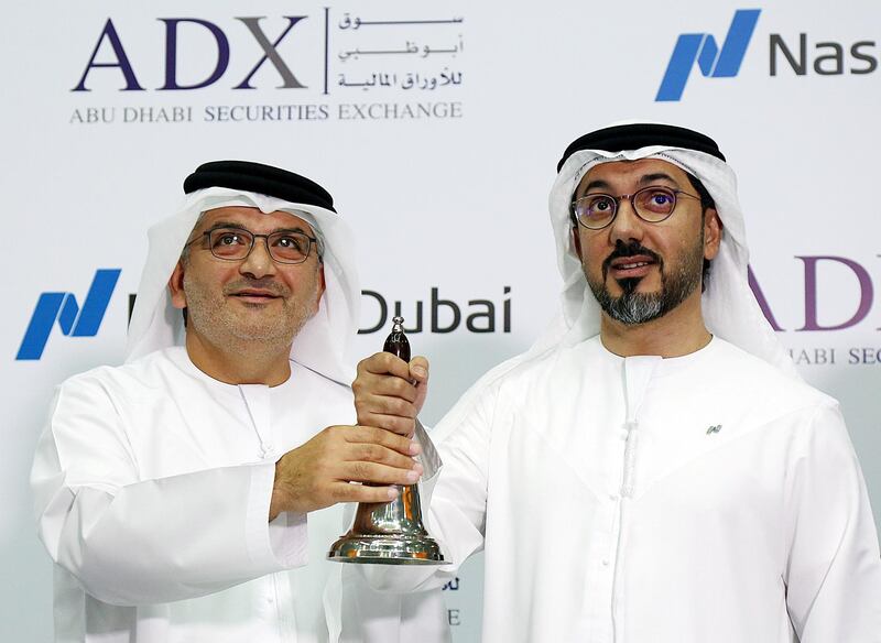 Abu Dhabi, Feb 18, 2018: (L) Rashed Al Balooshi, CEO, Abu Dhabi Securities Exchnage, ADX  and  Hamed Ahmed Ali, CEO, Nasdaq Dubai, during the launch of ADI Futures on Nasdaq Dubai in Abu Dhabi . Satish Kumar for the National / Story by Dania Al Saadi