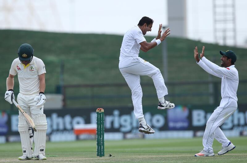 Pakistan's Abbas celebrates the dismissal of Australia's Travis Head. AP Photo