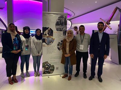 Hind Alameri, Ahlam Alqasim, Husa Ahli and Mohamed AlAmeri of the  UAE STEM in the UK group, standing beside Miss Rouda Al Otaiba (far left), deputy head of the UAE mission to London at the UAE Embassy, and Ahmed Al Abdooli (far right), dead of political affairs at the UAE embassy, at a Halloween event. Photo: Huda Ahli