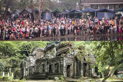 ANGKOR WAT, SIEM REAP, CAMBODIA - 2015/02/13: Tourist gather to watch the sunrise at Angkor Wat complex Saturday Feb. 14, 2015.   A stable Cambodia has meant that each year since records were kept in 1993 the number of tourist to visit has grown from about 100,000 a year to over four million. The larger percentage of current visitors is from Vietnam with China coming in second place.  Many officials are now admitting that the temples near Siem Reap, Cambodia,  that survived 1000 plus years of being swallow by the jungle are now in peril from too many tourist walking and touching the ancient stones. (Photo by David Longstreath/David Longstreath/LightRocket via Getty Images)