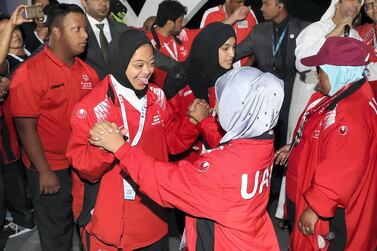 Members of the UAE team dance at the closing ceremony of the Special Olympics IX Mena Games. Chris Whiteoak / The National