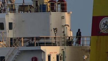 Armed figures aboard the Maltese-flagged bulk cargo vessel MV Ruen seized by Somali pirates, which was intercepted by the Indian Navy at sea on March 15, 2024. Photo: Indian Navy