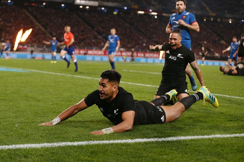 AUCKLAND, NEW ZEALAND - JUNE 09:  Rieko Ioane of the All Blacks scores a try during the International Test match between the New Zealand All Blacks and France at Eden Park on June 9, 2018 in Auckland, New Zealand.  (Photo by Anthony Au-Yeung/Getty Images)
