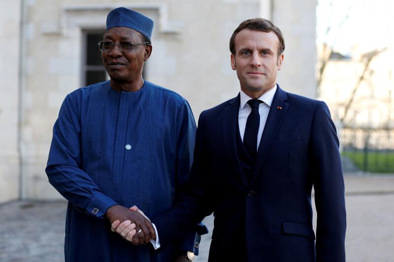 French President Emmanuel Macron welcomes Chad's President Idriss Deby to attend a summit on the situation in the Sahel region in the southern French city of Pau, France, on January 13, 2020. Reuters