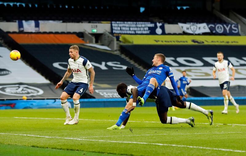 Leicester City's Jamie Vardy heads towards goal leading to Tottenham Hotspur's Toby Alderweireld scoring an own goal. PA