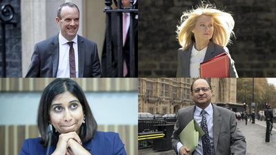 Clockwise from top left: Britain's Secretary of State for Exiting the EU Dominic Raab, Work and Pensions Secretary Esther McVey, Suella Braverman MP Parliamentary Under Secretary of State for the Department for Exiting the EU, and Shailesh Vara, the former Minister of State at the Northern Ireland Office. Credits: Reuters, Rex, Getty Images