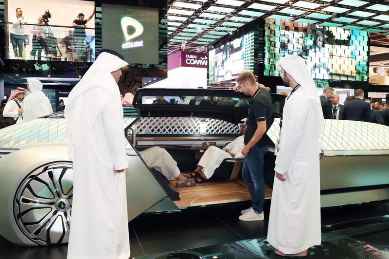 The Renault EZ-ULTIMO, an electric robo-vehicle, that is being displayed by Etisalat at Gitex Technology Week. The vehicle has a level four autonomous driving capability. Etisalat 