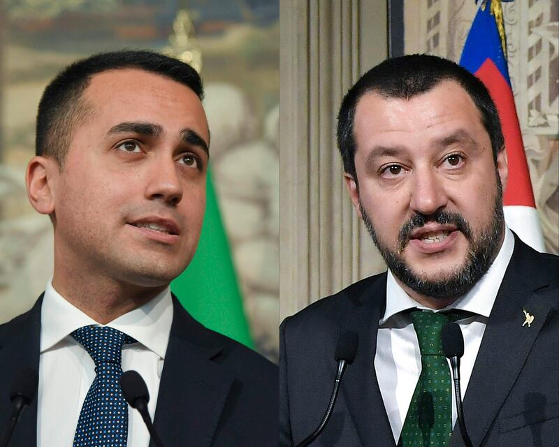 (COMBO) This combination of files pictures created on May 10, 2018 shows anti-establishment Five Star Movement (M5S) leader Luigi Di Maio (L) speaking to the press after a meeting with Italian President Sergio Mattarella on May 7, 2018 at the Quirinale palace in Rome. And the leader of the far-right party Lega, Matteo Salvini, speaking to journalists after a meeting with the Italian President on April 12, 2018, at the Quirinale Palace in Rome. Italy's Five Star mouvement unveils on his website his programme for a government with far-right party League (Lega) on May 18, 2018. 
  / AFP / Tiziana FABI
