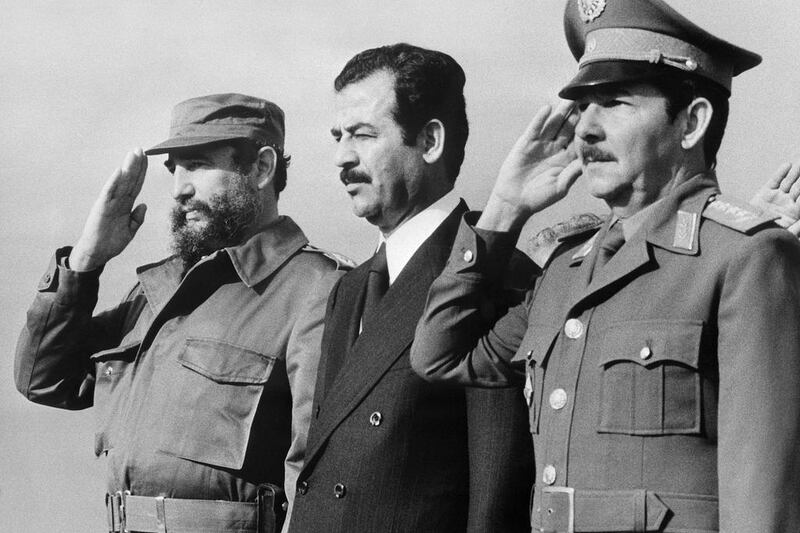 Saddam Hussein, then Iraqi vice president, with Fidel Castro and his younger brother and defence minister Raul, in Havana on January 30, 1979. Prensa Latina / AFP