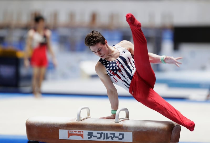 Paul Juda of the US competes in the pommel horse. AP