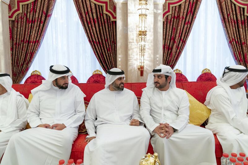 DUBAI, UNITED ARAB EMIRATES - May 19, 2019: (L-R) HH Sheikh Ahmed bin Mohamed bin Rashed Al Maktoum, HH Sheikh Theyab bin Mohamed bin Zayed Al Nahyan, Chairman of the Department of Transport, and Abu Dhabi Executive Council Member and HH Sheikh Maktoum bin Mohamed bin Rashid Al Maktoum, Deputy Ruler of Dubai, attend an iftar reception hosted by HH Sheikh Mohamed bin Rashid Al Maktoum, Vice-President, Prime Minister of the UAE, Ruler of Dubai and Minister of Defence (not shown), at Zabeel Palace. 

( Mohamed Al Hammadi / Ministry of Presidential Affairs )
---