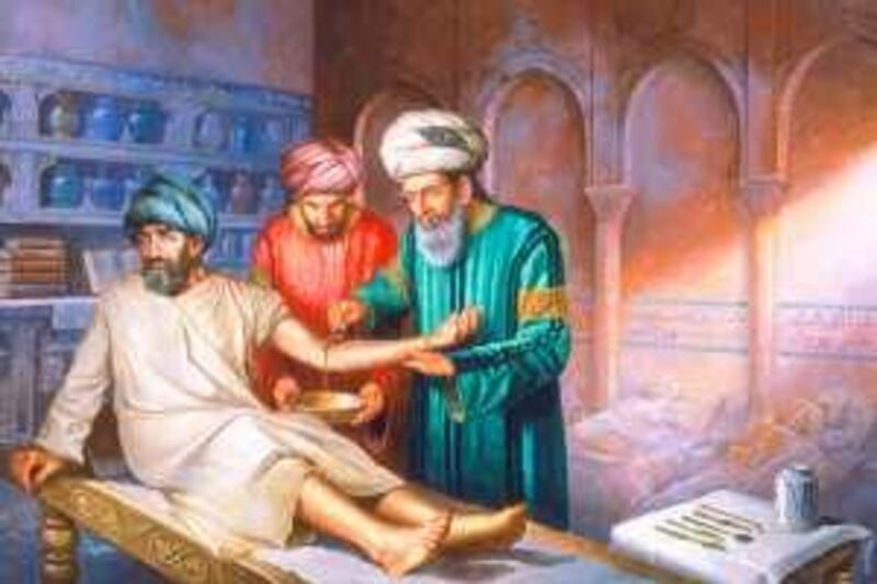 Doctor bleeding patient. Historical artwork of an Arabic physician bleeding a patient. Blood is collecting in a bowl (lower left) from an incision in the man's arm. The incision was usually made, under the supervision of a physician, by a barber-surgeon. Physicians in Europe and Asia believed illnesses were the result of an imbalance in the four humours (bodily fluids). For example: high blood pressure was due to too much blood. Consequently the treatment involved draining excess blood through a cut or by using leeches.