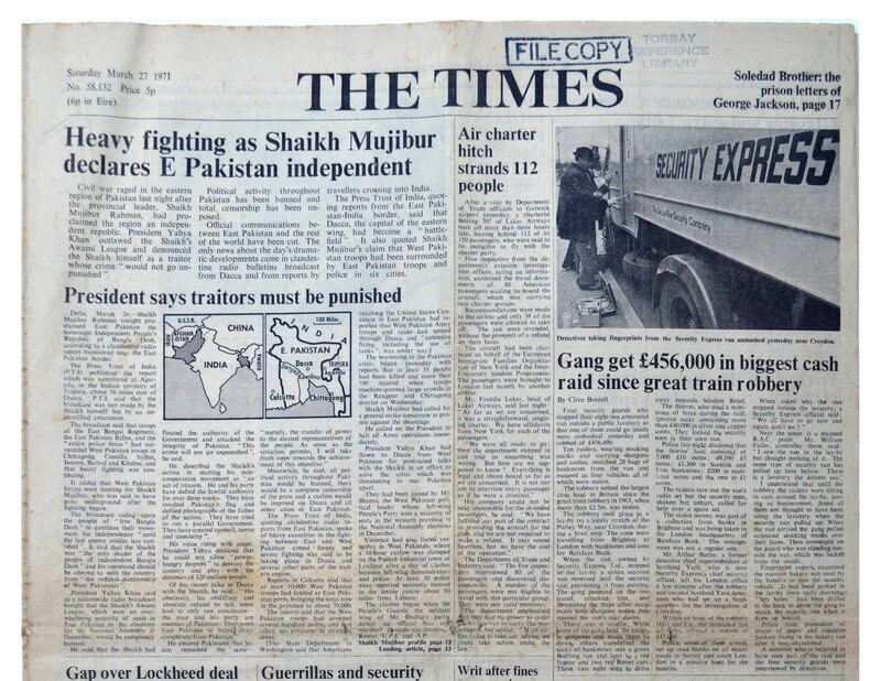 Newspaper report about the Declaration of Independence by Bangabandhu Sheikh Mujibur Rahman in The Times on March 27, 1971. Courtesy Bangladesh Liberation War Museum