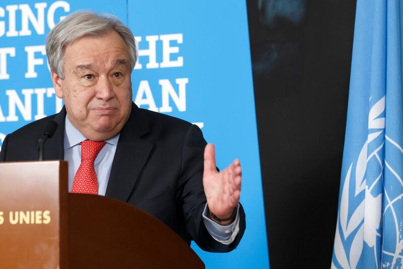 epa07398720 United Nations (UN) Secretary-General Antonio Guterres speaks to the media during a stakeout after the High-Level Pledging Event for the Humanitarian Crisis in Yemen, at the European headquarters of the United Nations in Geneva, Switzerland, 26 February 2019.  EPA/SALVATORE DI NOLFI