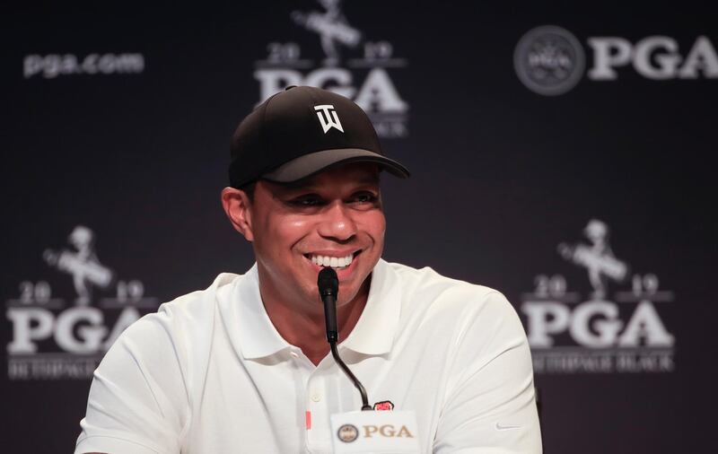 epa07570060 Tiger Woods of the US smiles during his 2019 PGA Championship news conference at Bethpage Black in Farmingdale, New York, USA, 14 May 2019. The Championship runs from 16-19 May.  EPA/TANNEN MAURY